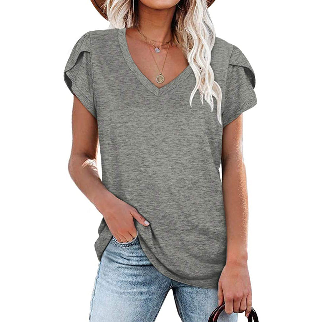 new fashion v-neck petal sleeve solid colortops