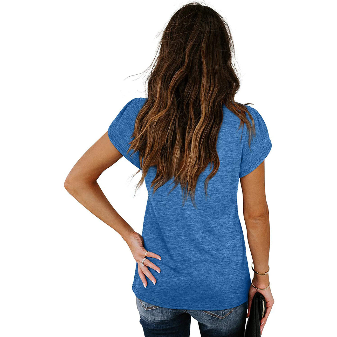 new fashion v-neck petal sleeve solid colortops