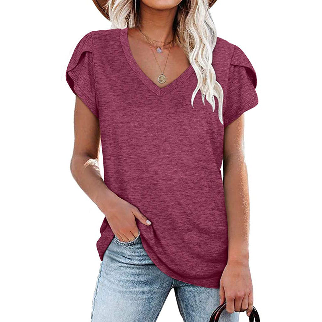 new fashion v-neck petal sleeve solid colortops