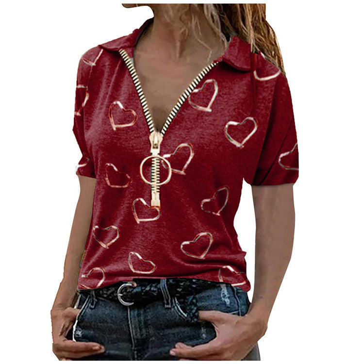 v-neck pullover tops elegant heart print zipper t-shirt