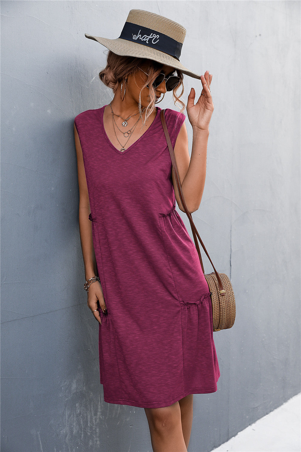sexy lady casual solid sleeveless sling a line loose dress