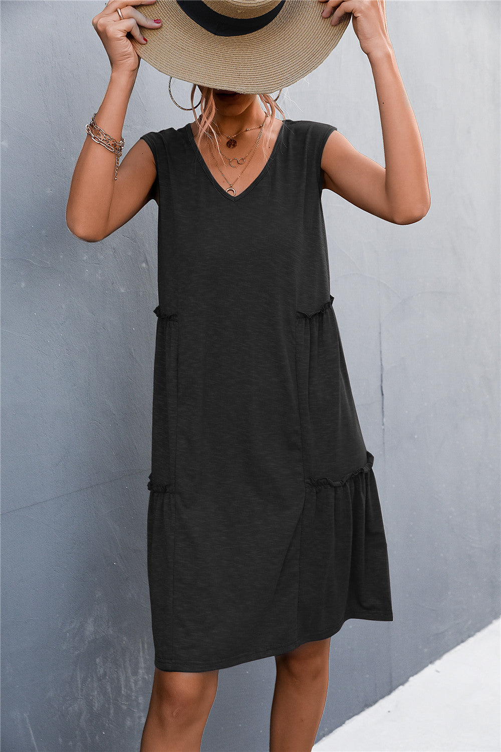 sexy lady casual solid sleeveless sling a line loose dress