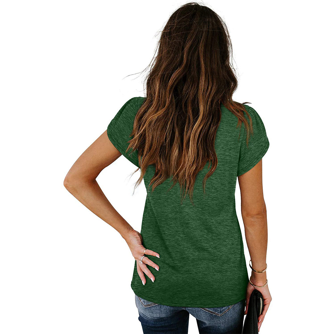 new fashion v-neck petal sleeve solid colortops