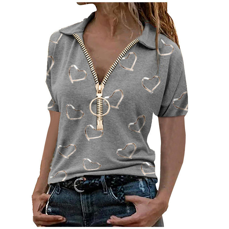 v-neck pullover tops elegant heart print zipper t-shirt