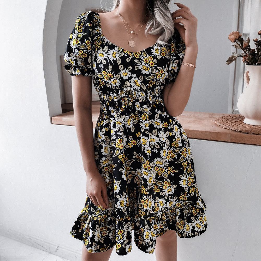 2022 summer women 's clothing high waist floral print ruffle dress