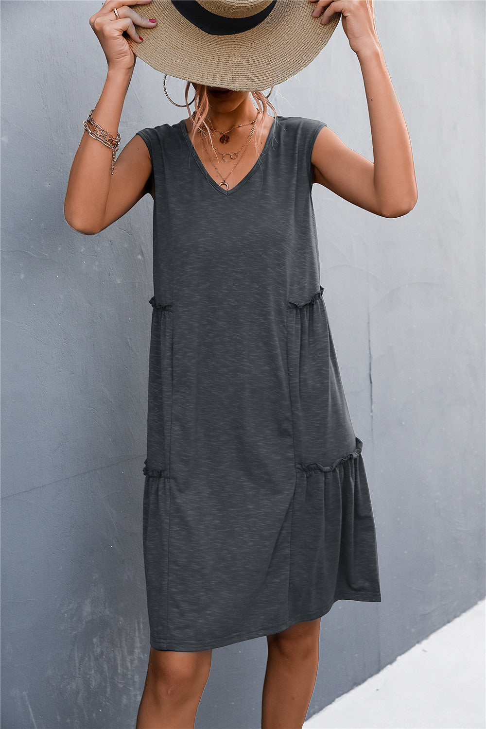sexy lady casual solid sleeveless sling a line loose dress
