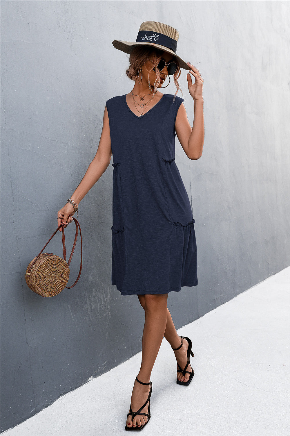 sexy lady casual solid sleeveless sling a line loose dress