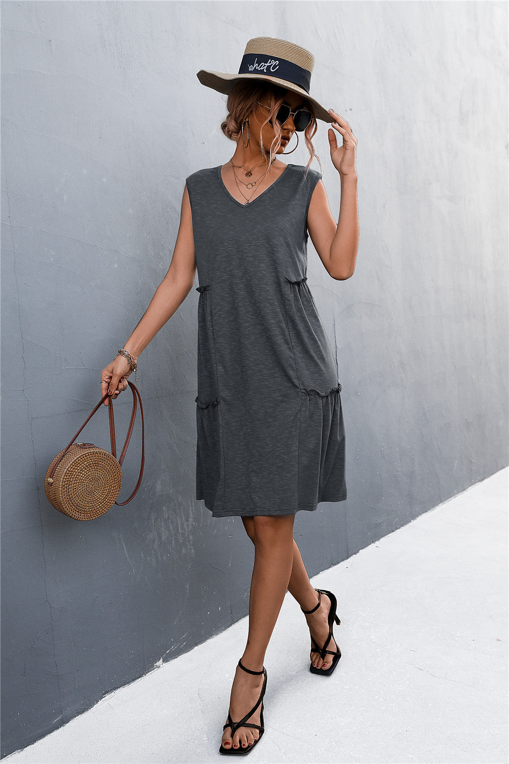 sexy lady casual solid sleeveless sling a line loose dress
