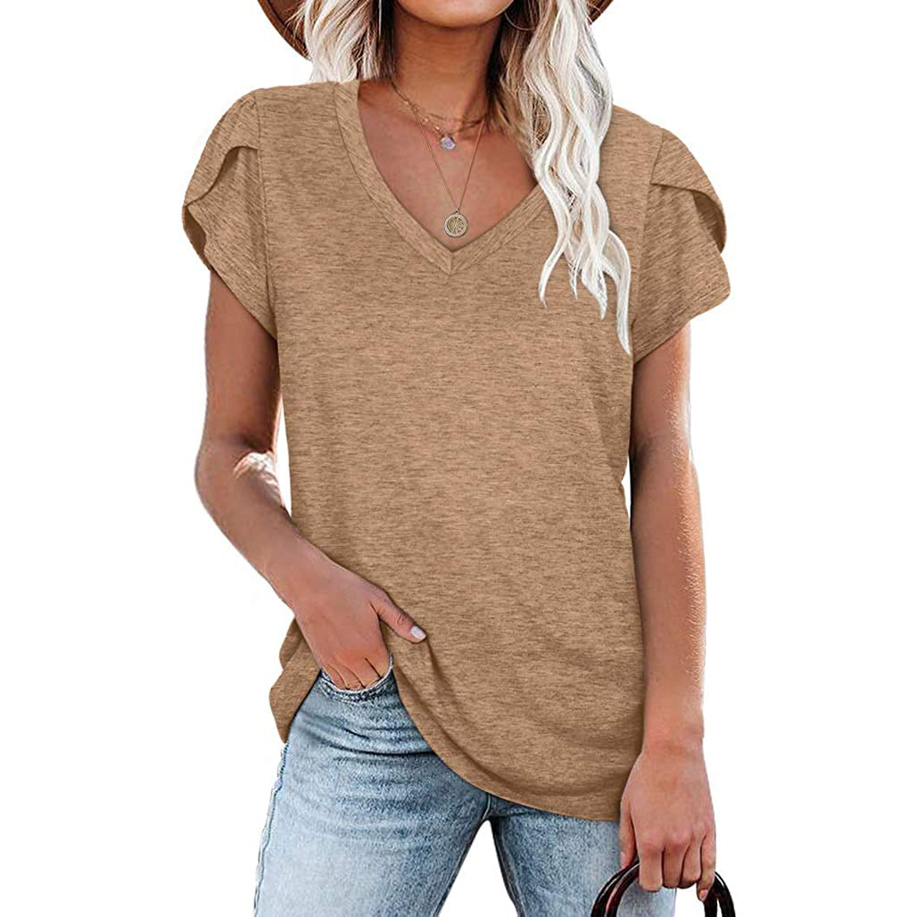 new fashion v-neck petal sleeve solid colortops