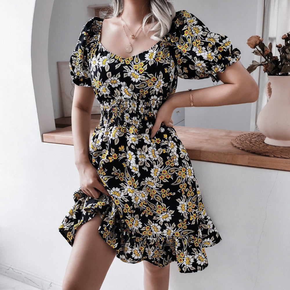 2022 summer women 's clothing high waist floral print ruffle dress