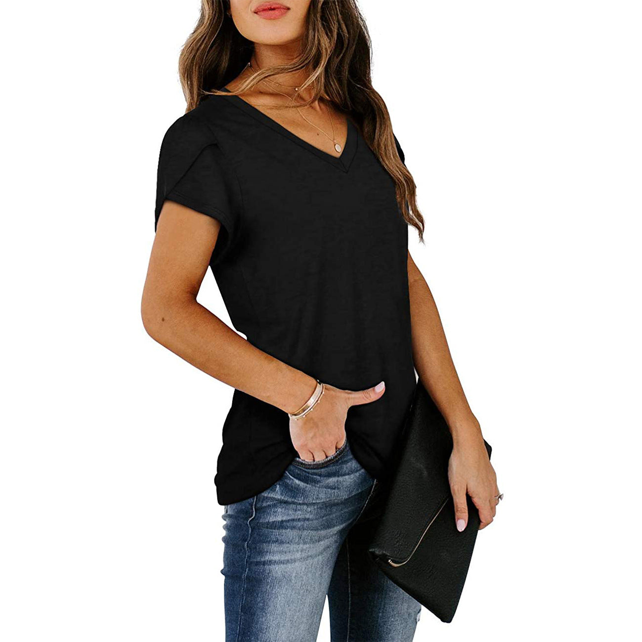 new fashion v-neck petal sleeve solid colortops
