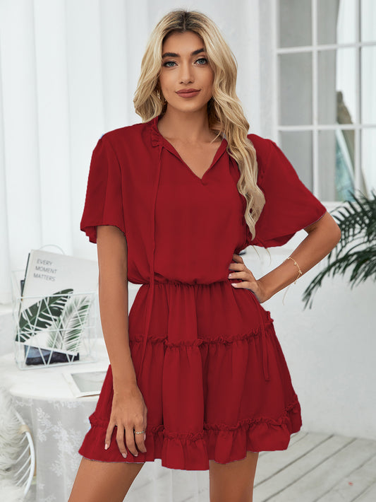 women's V-neck pleated mini skirt dress