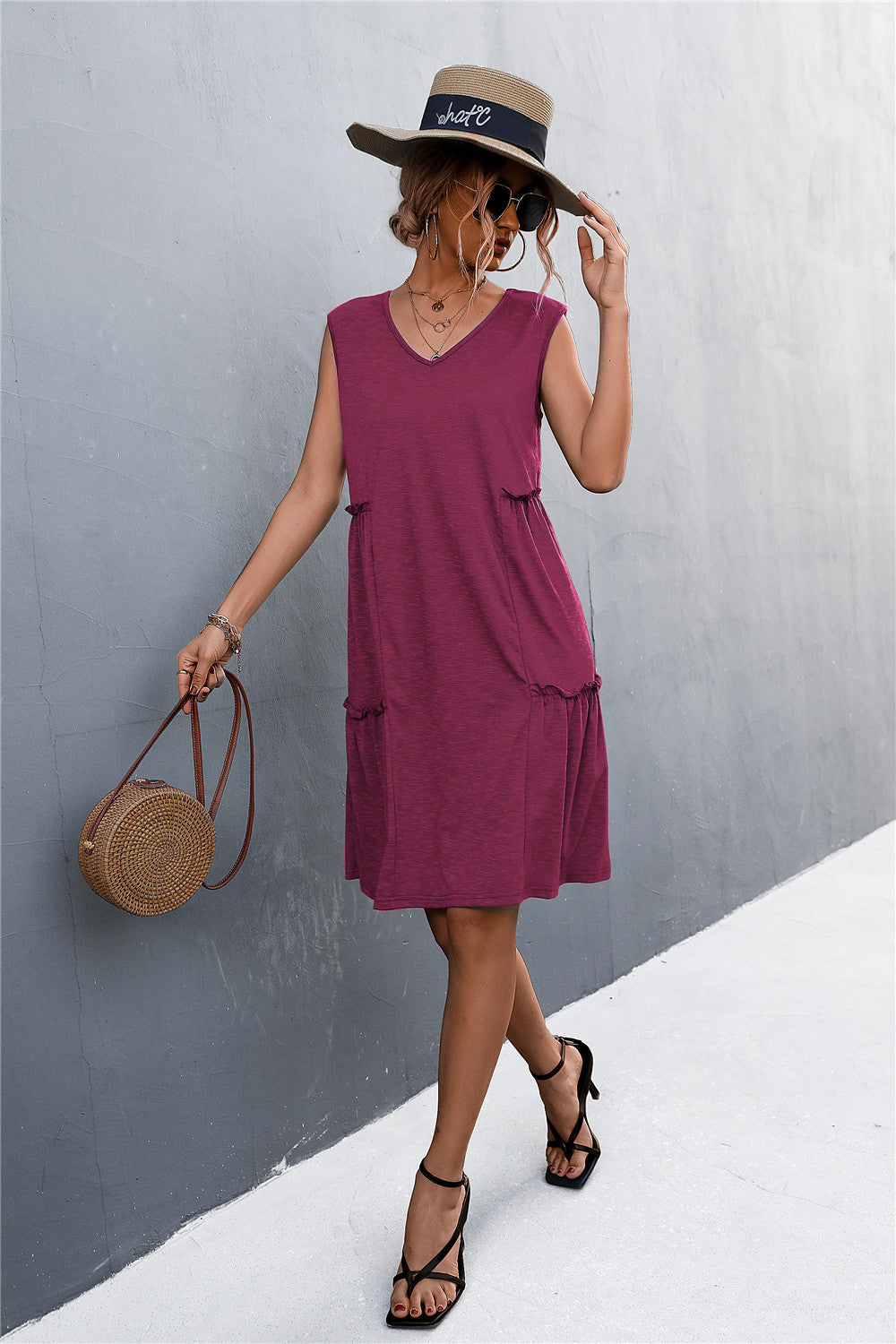 sexy lady casual solid sleeveless sling a line loose dress