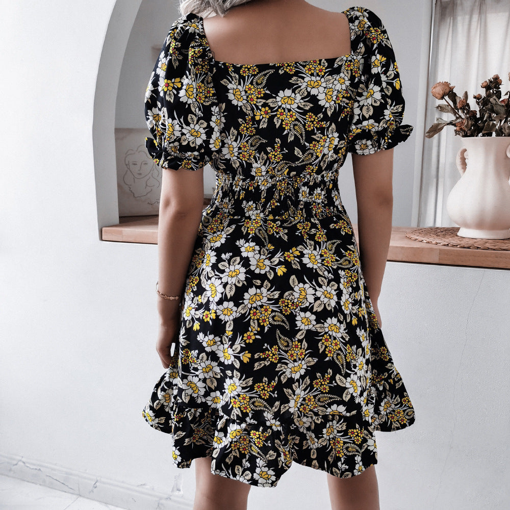 2022 summer women 's clothing high waist floral print ruffle dress