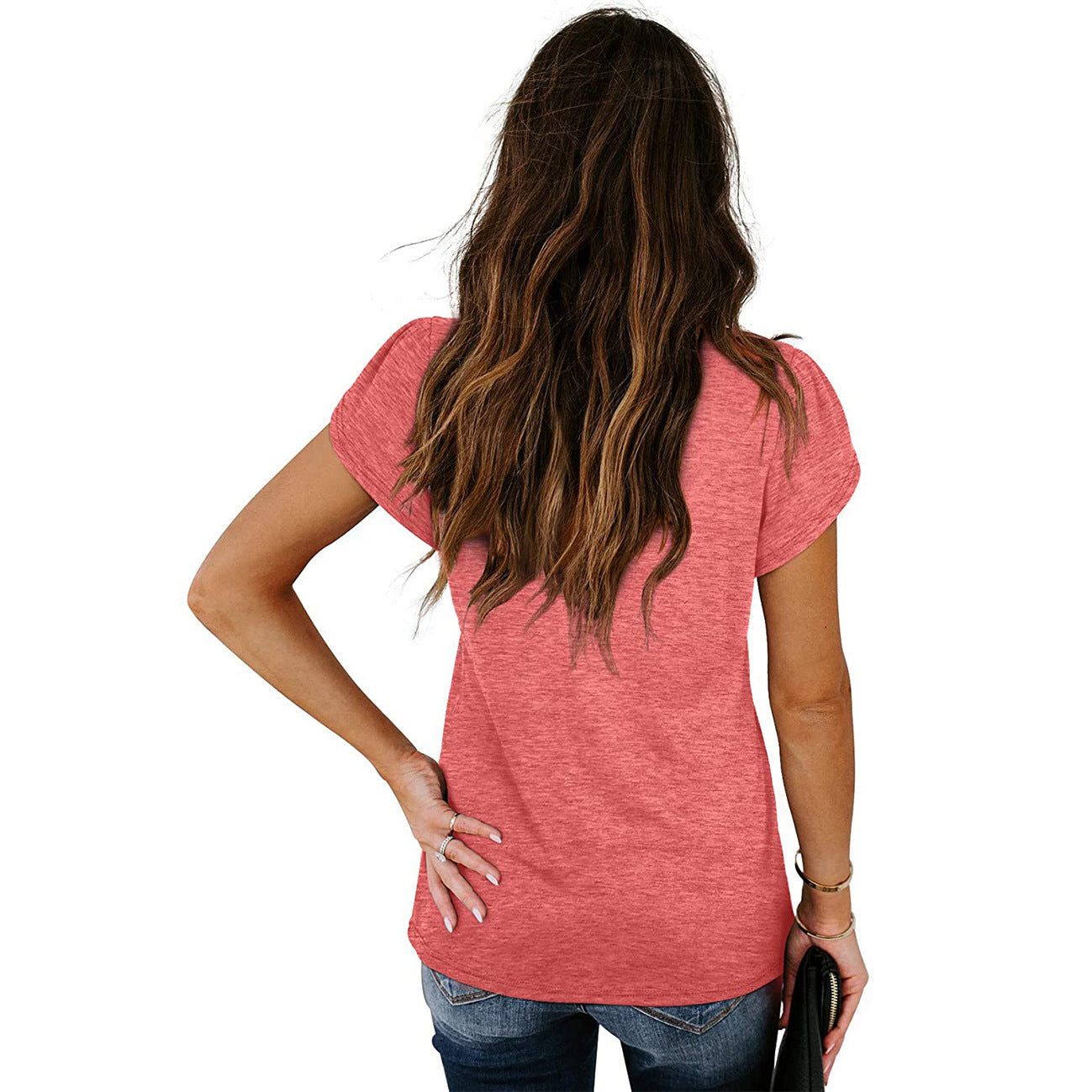 new fashion v-neck petal sleeve solid colortops