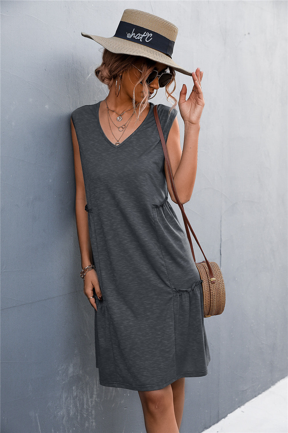 sexy lady casual solid sleeveless sling a line loose dress