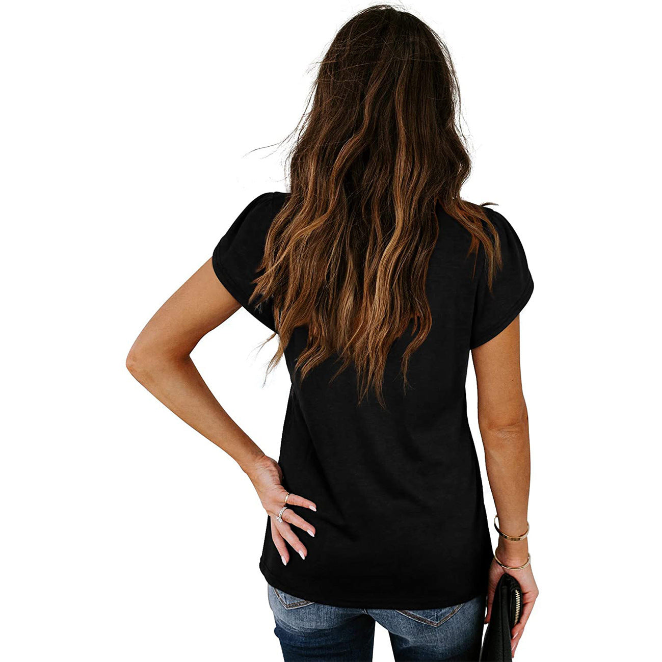 new fashion v-neck petal sleeve solid colortops