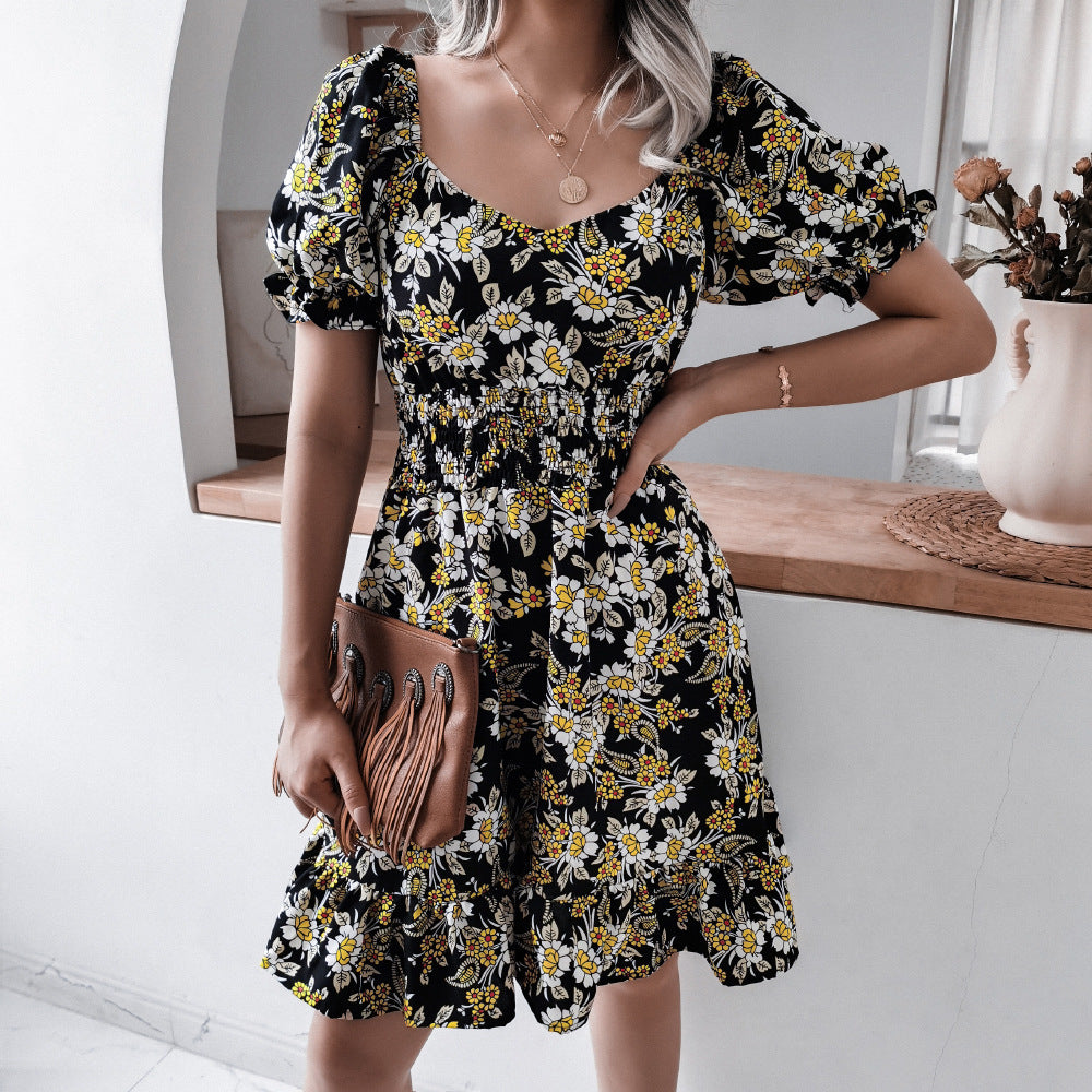 2022 summer women 's clothing high waist floral print ruffle dress