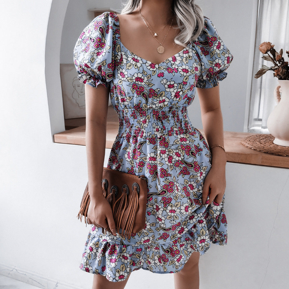 2022 summer women 's clothing high waist floral print ruffle dress