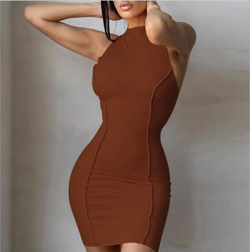 2022 summer new women's round neck  sleeveless solid color fashion slim hip dress
