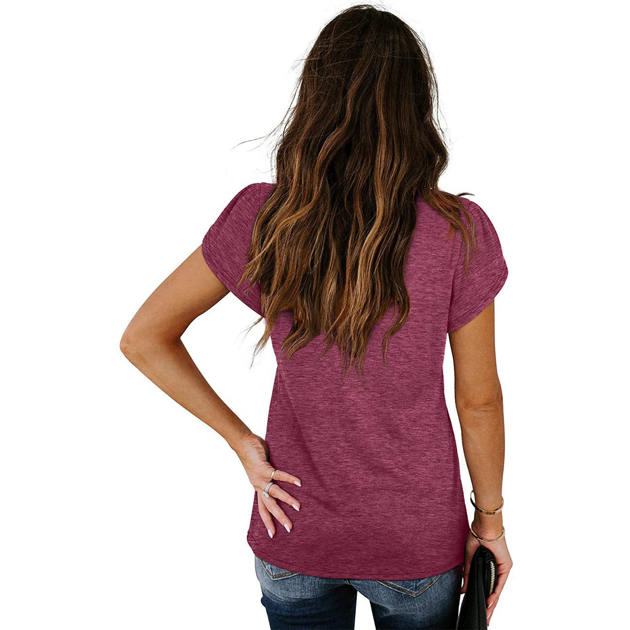 new fashion v-neck petal sleeve solid colortops