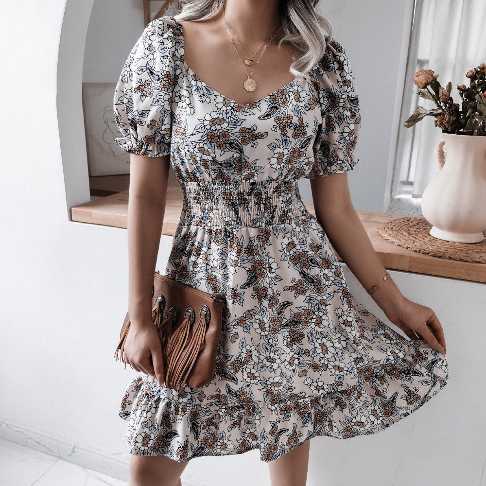 2022 summer women 's clothing high waist floral print ruffle dress