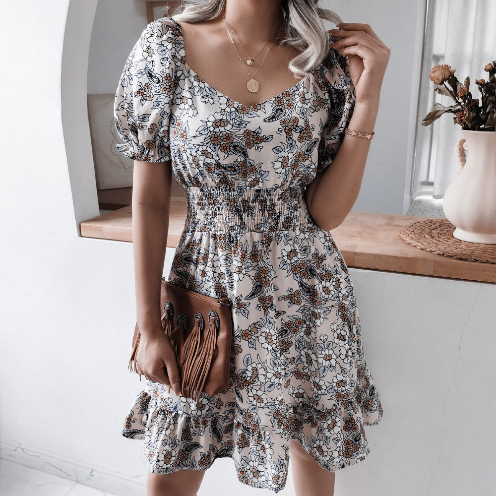2022 summer women 's clothing high waist floral print ruffle dress