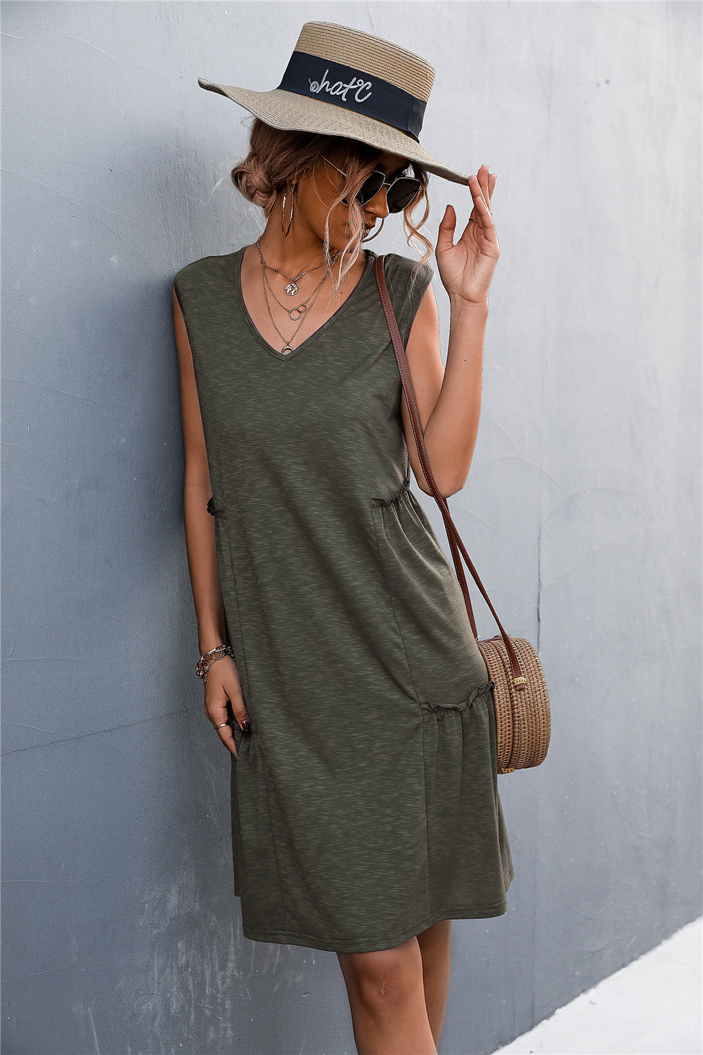 sexy lady casual solid sleeveless sling a line loose dress