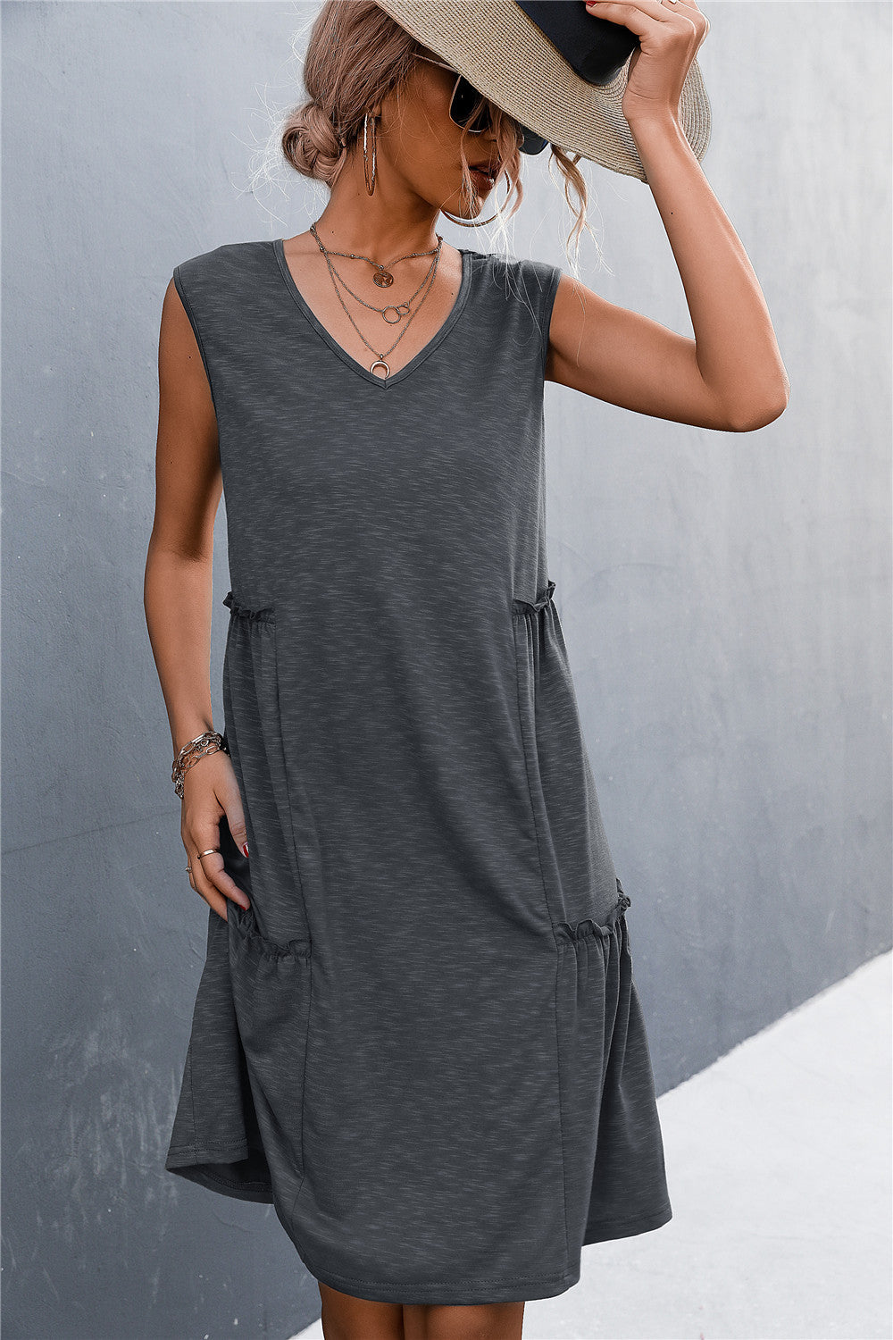 sexy lady casual solid sleeveless sling a line loose dress