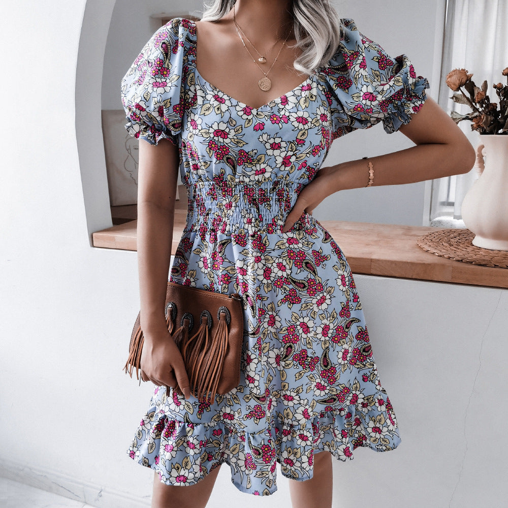 2022 summer women 's clothing high waist floral print ruffle dress