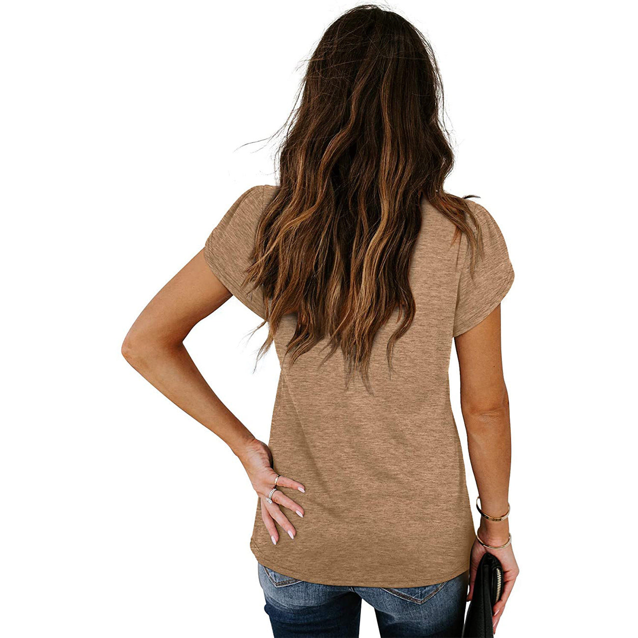 new fashion v-neck petal sleeve solid colortops