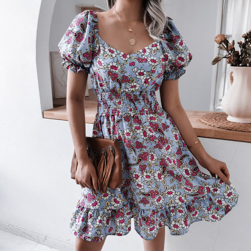 2022 summer women 's clothing high waist floral print ruffle dress