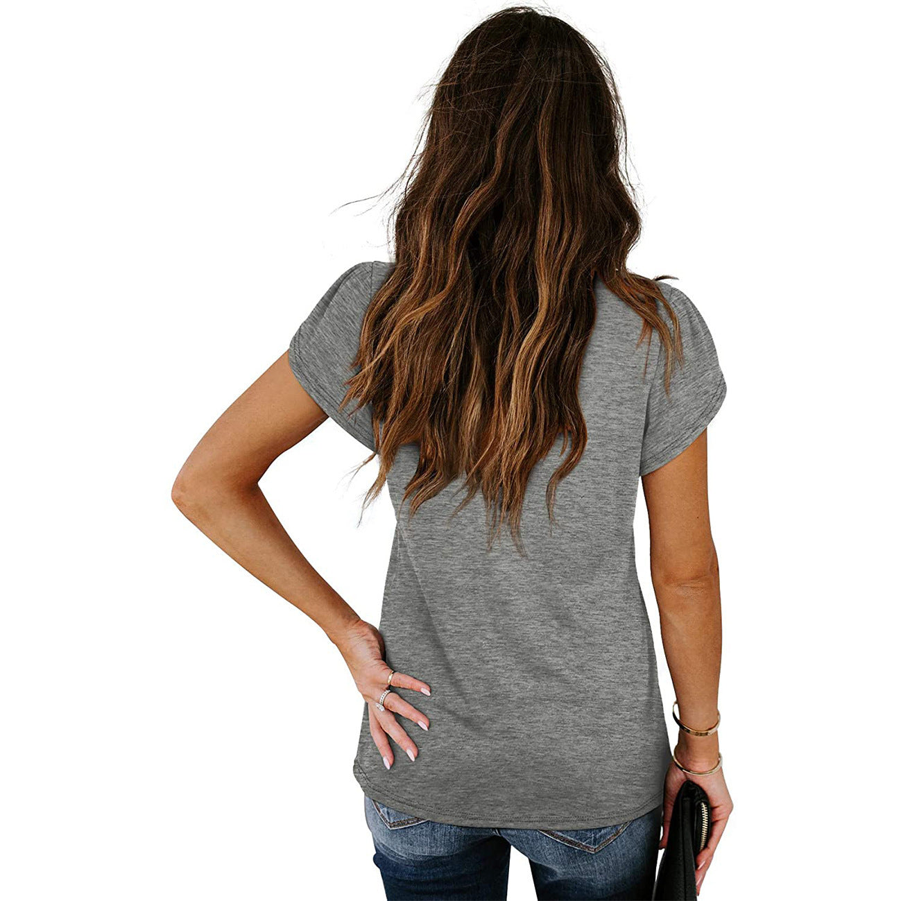 new fashion v-neck petal sleeve solid colortops