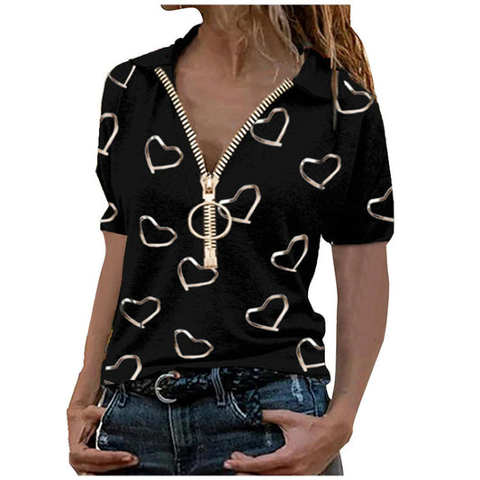 v-neck pullover tops elegant heart print zipper t-shirt