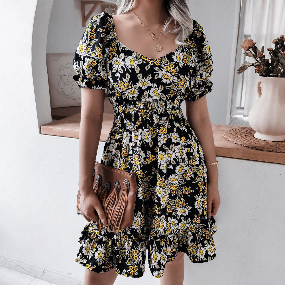 2022 summer women 's clothing high waist floral print ruffle dress