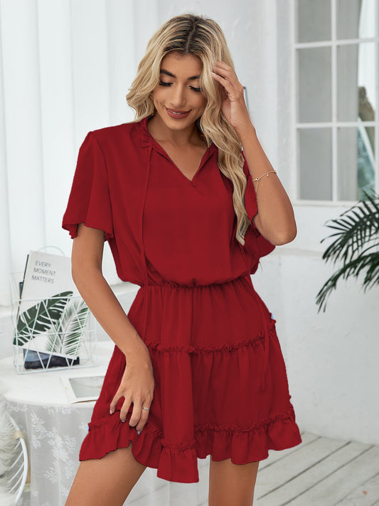 women's V-neck pleated mini skirt dress