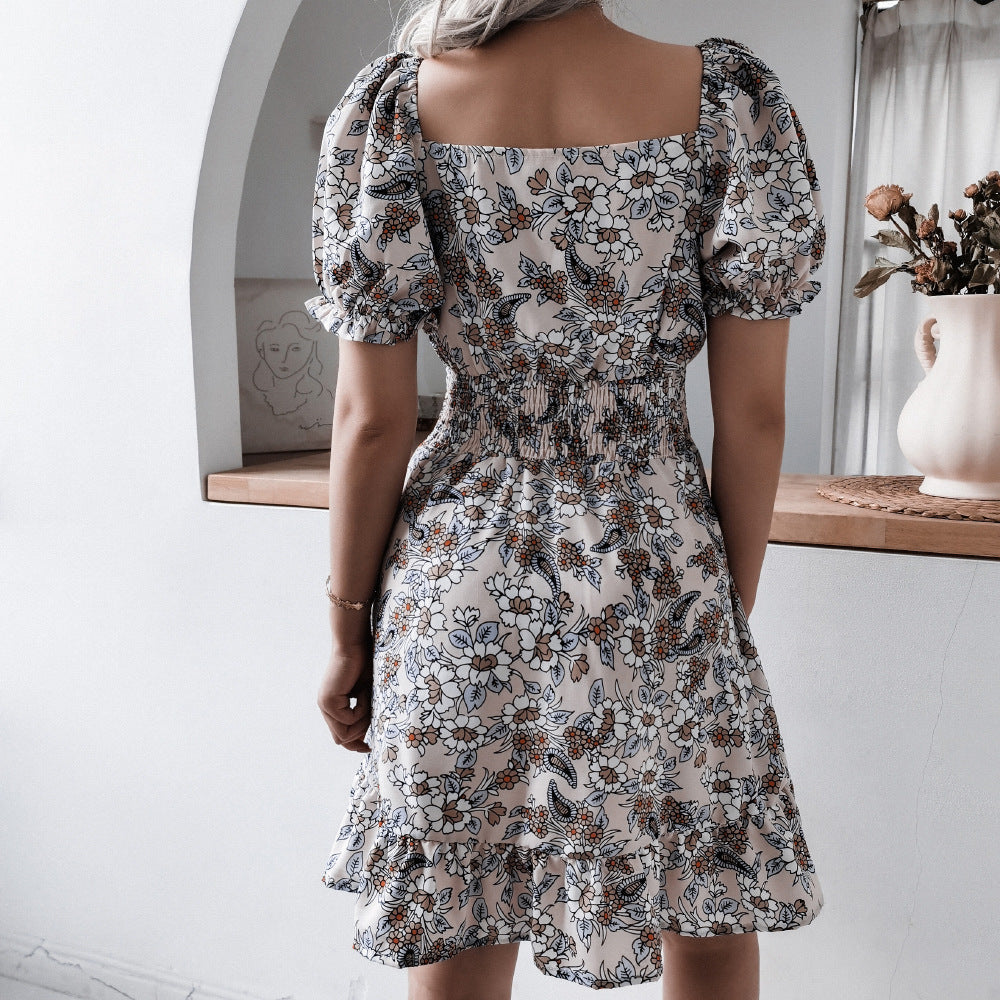 2022 summer women 's clothing high waist floral print ruffle dress