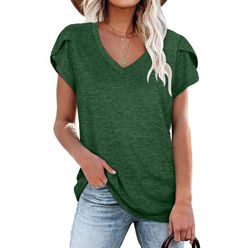 new fashion v-neck petal sleeve solid colortops