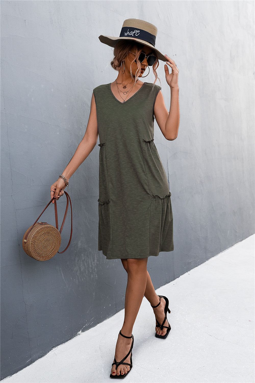 sexy lady casual solid sleeveless sling a line loose dress