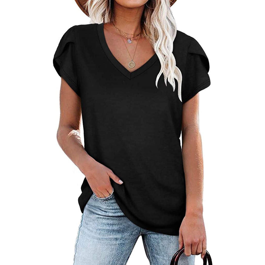 new fashion v-neck petal sleeve solid colortops