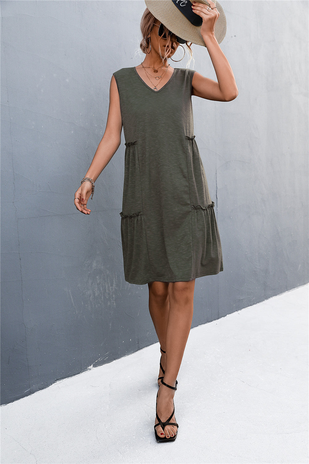 sexy lady casual solid sleeveless sling a line loose dress